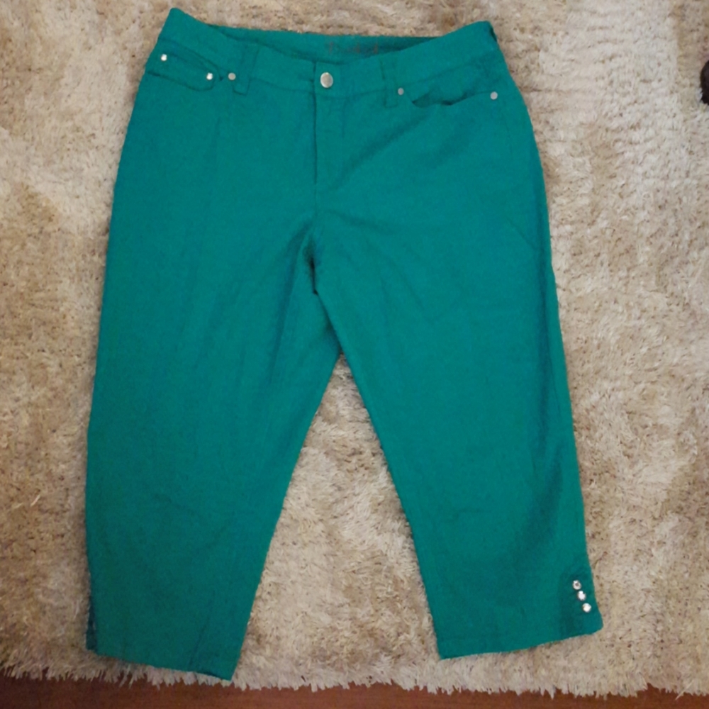 New Directions Weekend teal embellished stretch Capri jeans size 16 EUC